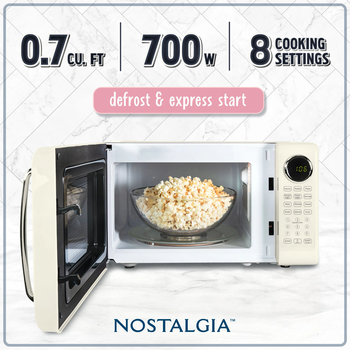 Nostalgia Retro Microwave Oven - 0.7 Cu Ft & 700-Watt Countertop Microwave with Glass Turntable, Child Safety Lock, 8 Auto-Cook Programs & Digital Clock - Aqua