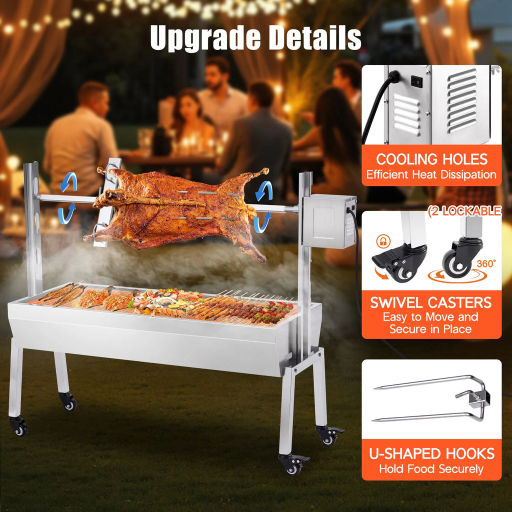 LUXOAK Electric BBQ Rotisserie Grill Kit, 46" 132 Lbs Capacity, 45W Motor, Height-Adjustable Stainless Steel Pig Roaster with Triangular Stability Support Stand for Pig Lamb