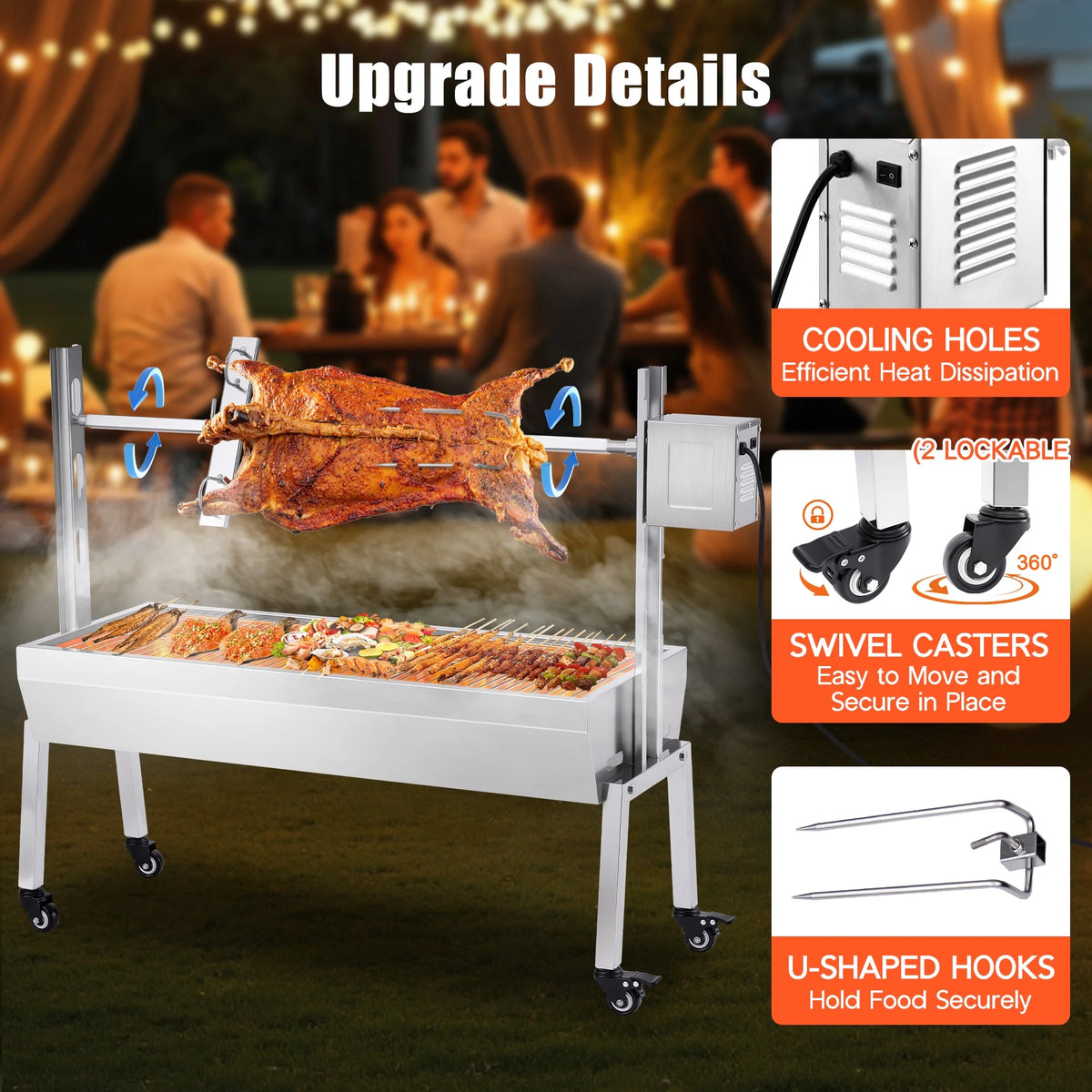 LUXOAK Electric BBQ Rotisserie Grill Kit, 46" 132 Lbs Capacity, 45W Motor, Height-Adjustable Stainless Steel Pig Roaster with Triangular Stability Support Stand for Pig Lamb