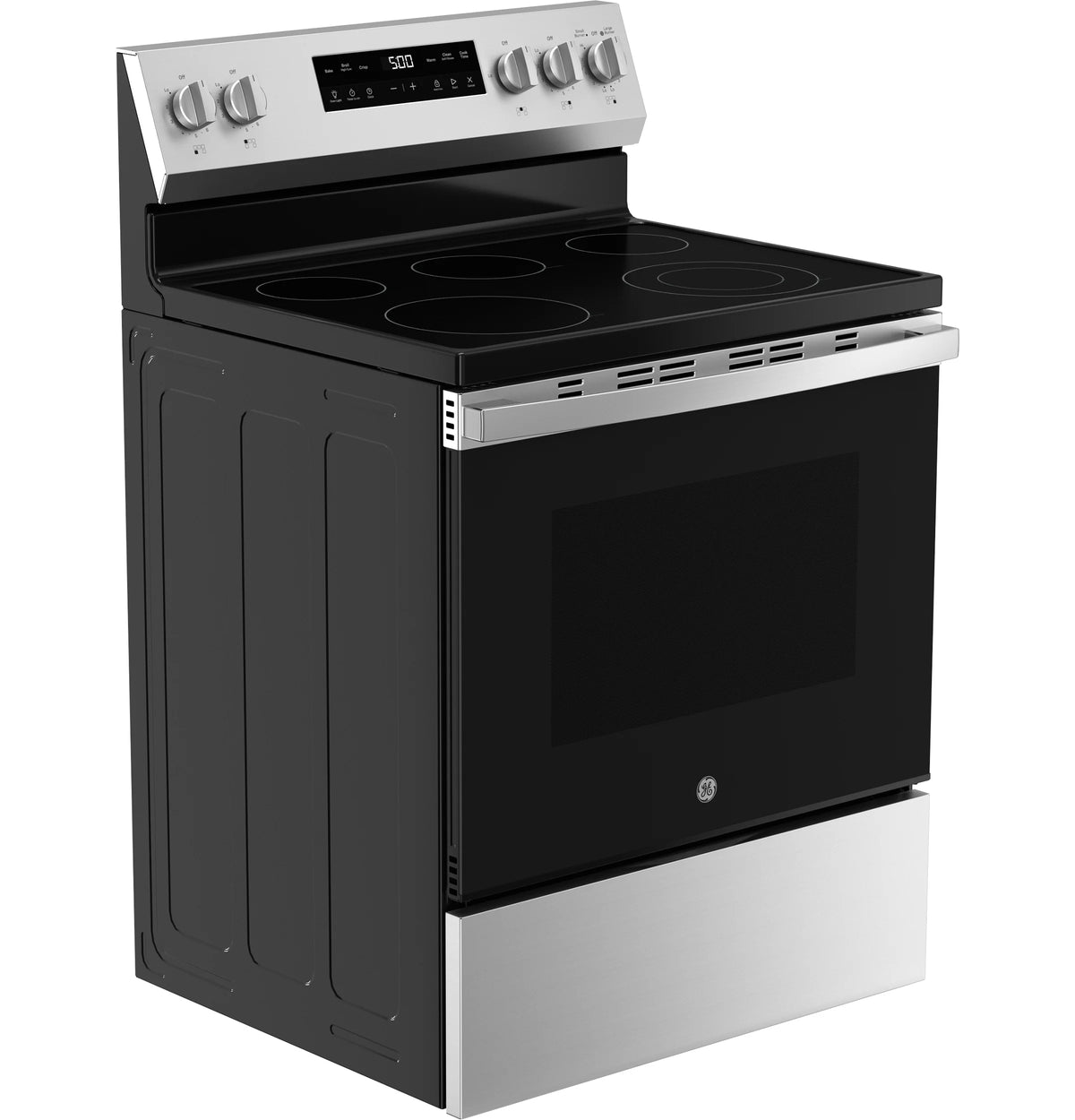 GE? 30" 5.0 Cu. ft. 240 Volts Free-Standing Electric Range with Crisp Mode in Stainless Steel