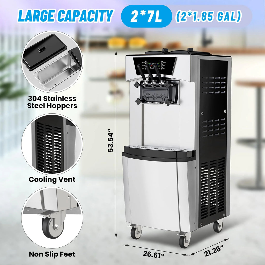 Tookss Commercial 3 Flavors Ice Cream Machine, 5.8 to 8Gal per Hour Soft Serve Ice Cream Maker,with Auto Clean, LCD Display for home Snack Bar Restaurants