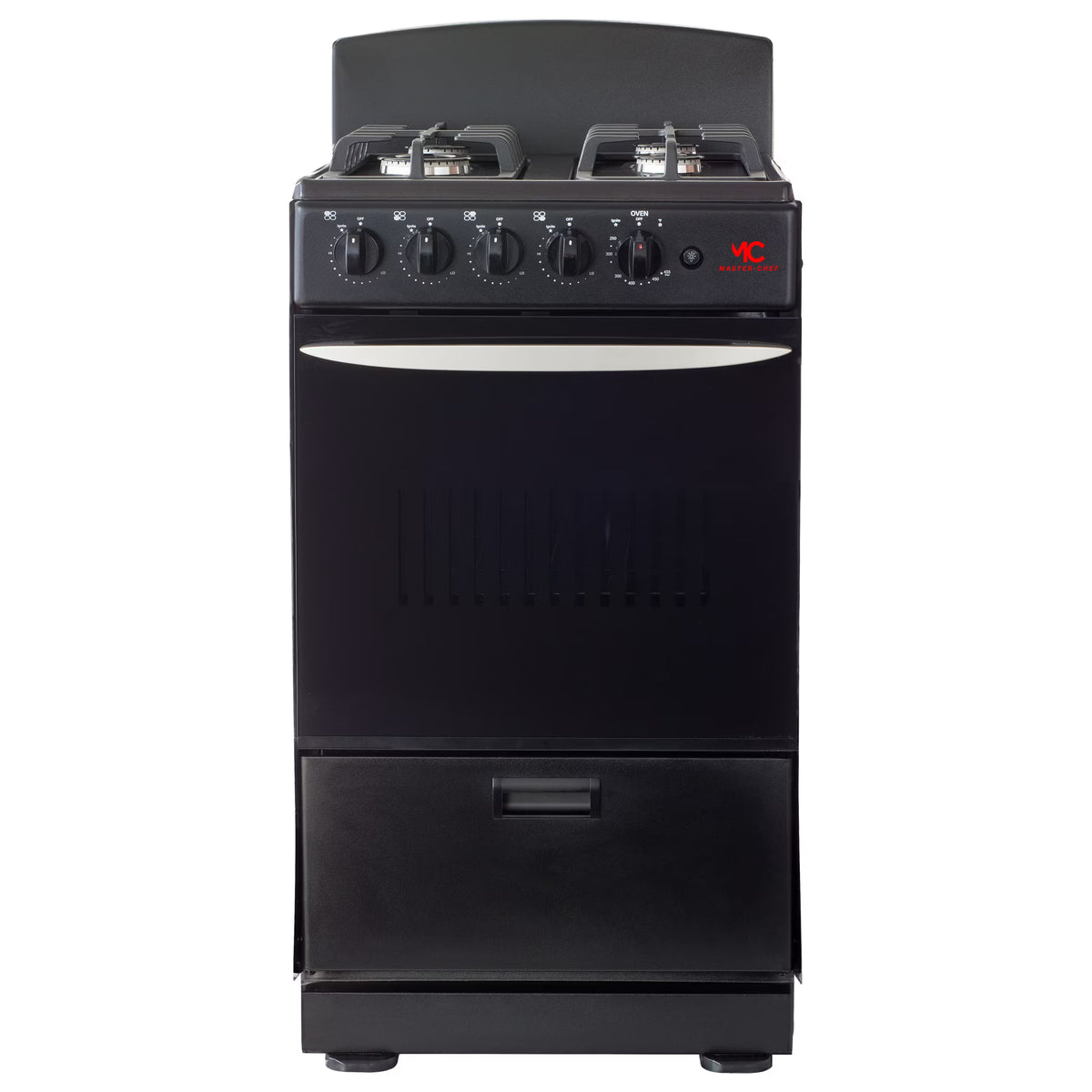 Master-Chef - 20" Black R Gas Space Saver Range with 2.4 CFT Oven Capacity - Italian SABAF Sealed Burners, 1 Ultra-Fast and 3 Fast �C Easy to Clean, Iron Grates, and Cool Knobs CSA Certified