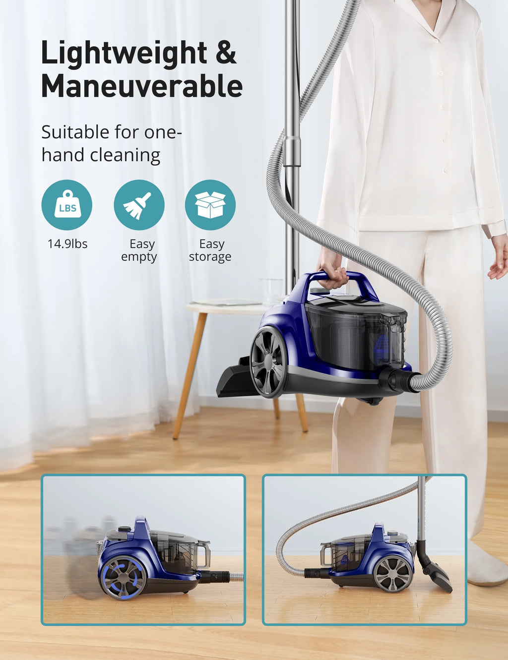 Canister Vacuum Cleaner, 30Kpa Powerful Suction, Bagless with 3.7QT Large Dust Cup, Auto Cord Rewind, HEPA Filter, 5 Attachments, Lightweight Vacuum for Pet Hair, Hard Floors & Car