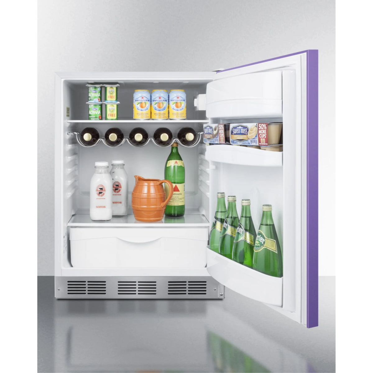 Undercounter 24 Inches all-refrigerator for residential use with lavender purple door, stainless steel handle, and white cabinet