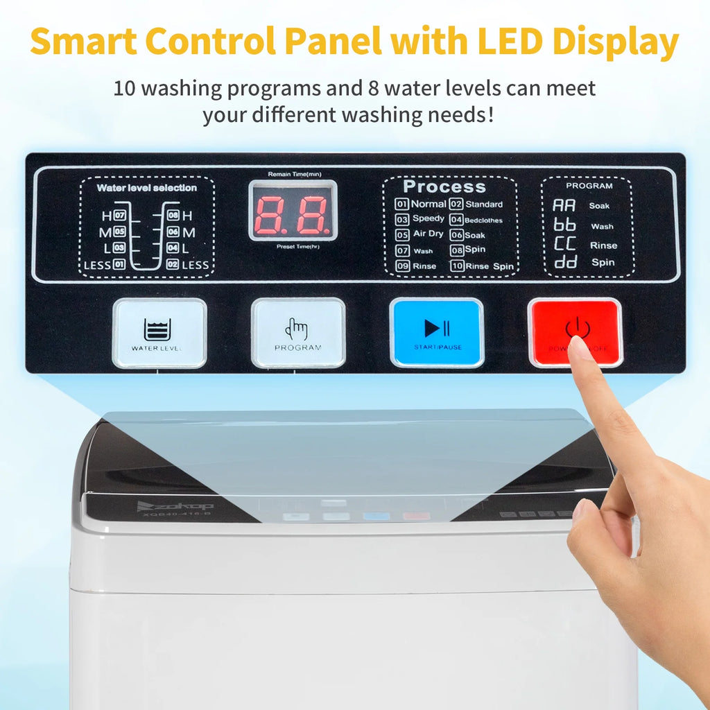 BAYUELSWU Portable Washing Machine 17.6lbs Full-Automatic Washing Machine, Apartment Washing Machine 10 programs 8 Water Level Selections with Led Display for Apartment, Home, Dorm, RV