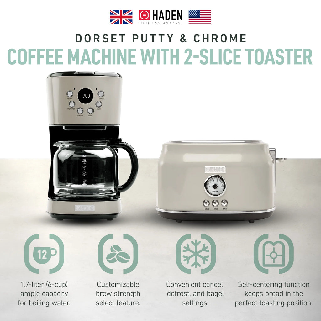 Haden 12 Cup Coffee Maker with 2 Slice Stainless Steel Bread Toaster, White