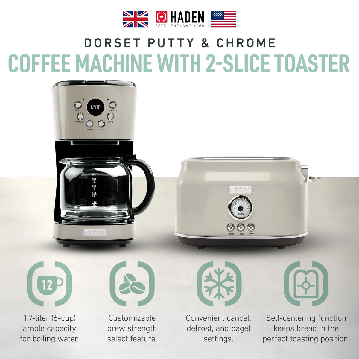 Haden 12 Cup Coffee Maker with 2 Slice Stainless Steel Bread Toaster, White