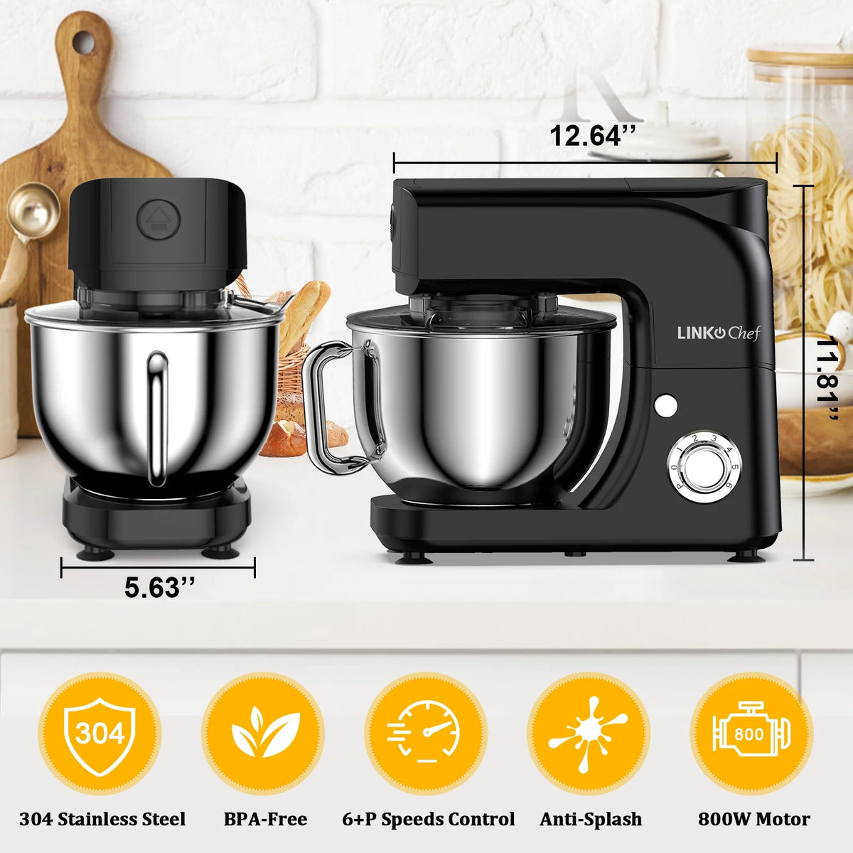 LINKChef Stand Mixer, 5.3QT 800W 6+P Speeds with Whisk, Dough Hook and Beater (White)