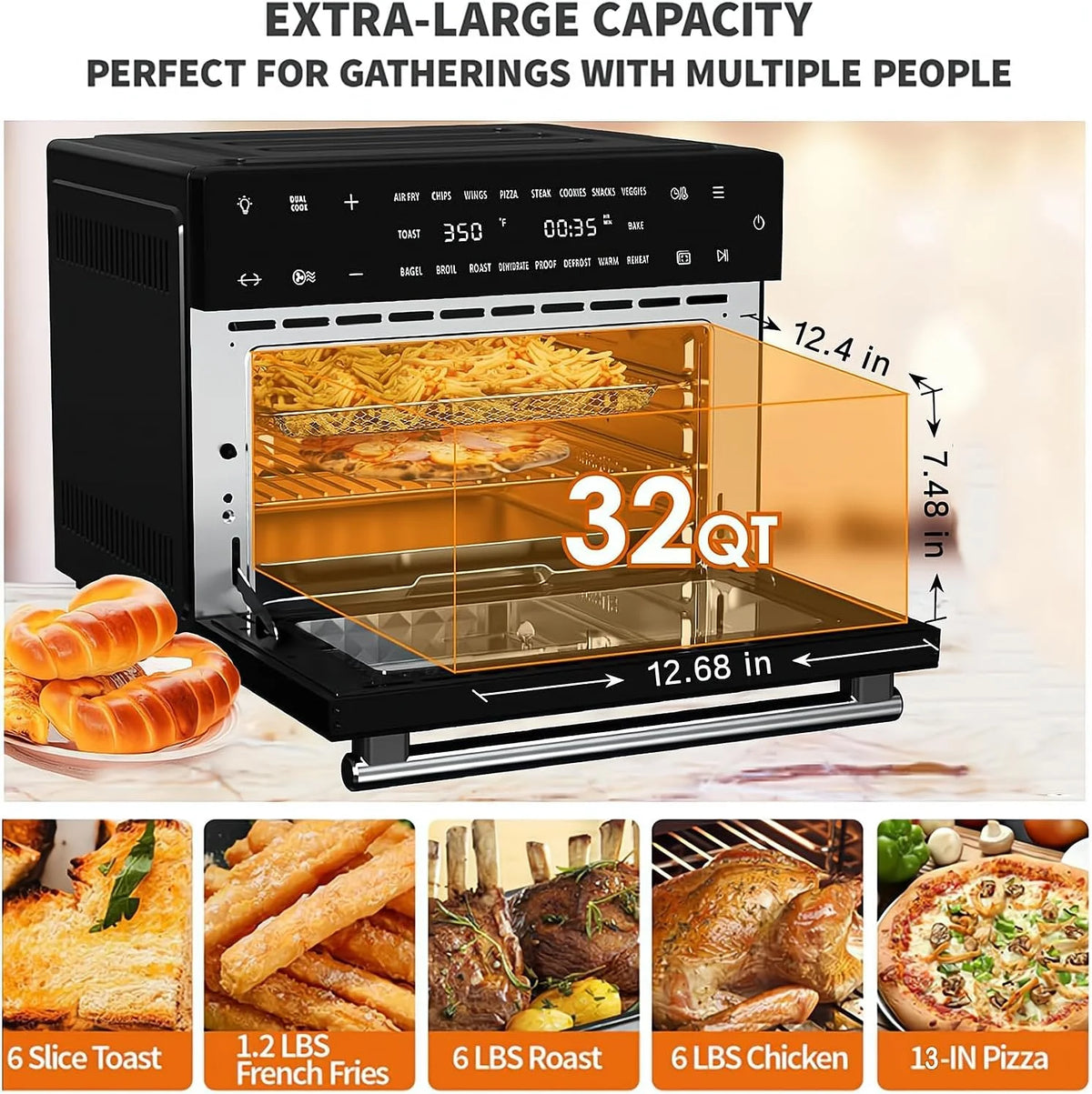 Kitchen in the box 32 QT Air Fryer Oven, 18-in-1 Convection Oven Countertop with Baking, Dehydrate and Rotisserie, 6 Accessories, 1800W, Black