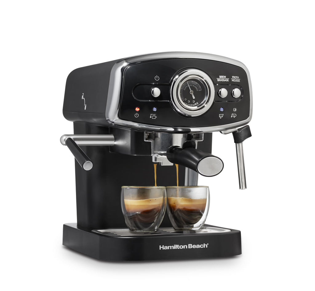 Hamilton Beach 15-Bar, 2 Cup Espresso Machine, Slide & Lock Espresso Maker with Milk Frother, Black & Chrome
