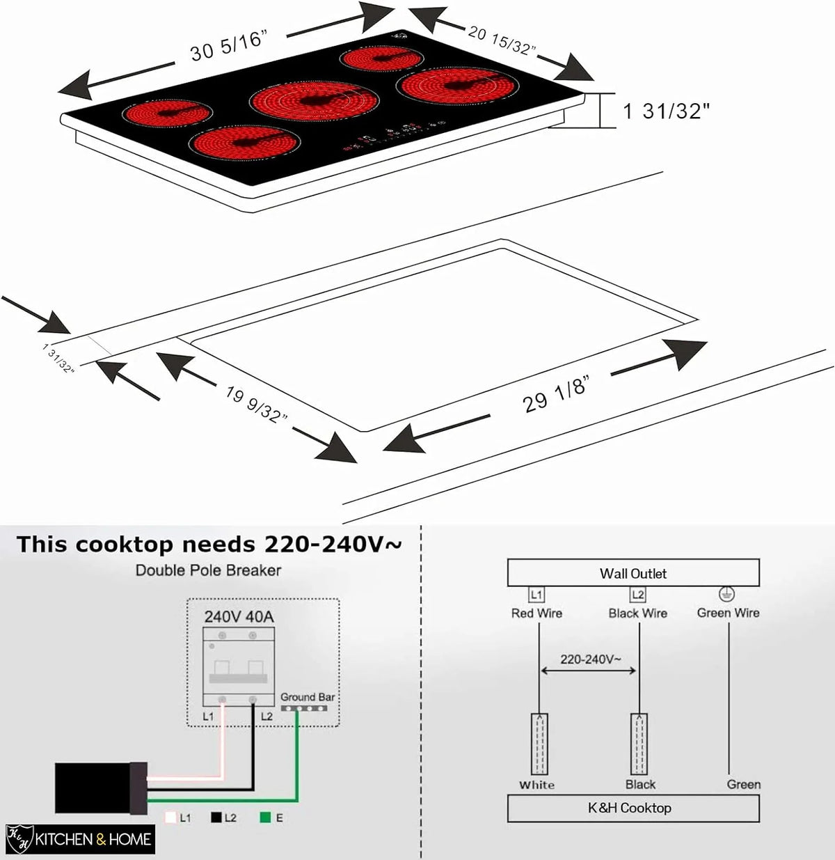 K&H German Designed 5 Burner 30 inch Built-in Electric Stove Top Radiant Ceramic Kitchen Cooktop Touch Control 240V 9000W CE30-8808NF