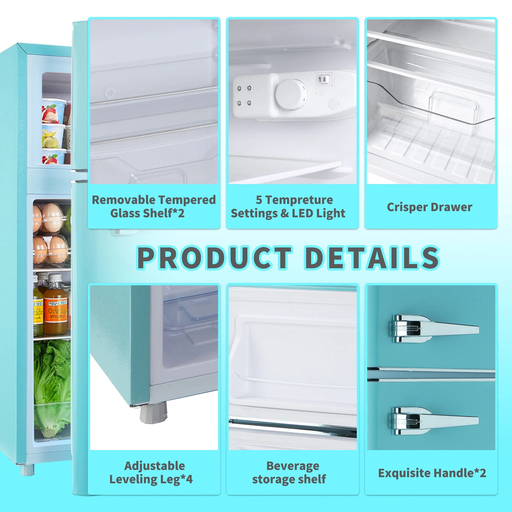 Two Door Mini Refrigerator with Freezer,3.5Cu.ft Small Freezer for Bedroom Dorm Gameroom,Blue