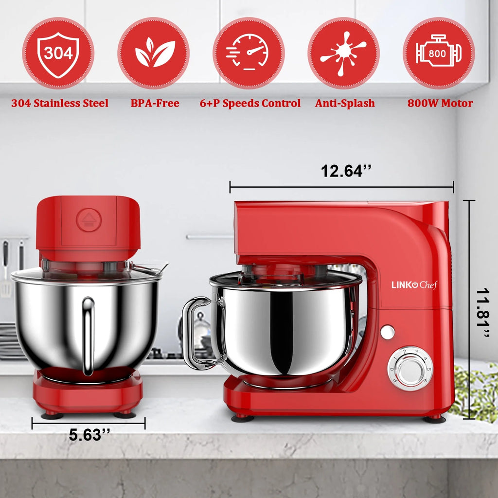 LINKChef Stand Mixer, 5.3QT 800W 6+P Speeds with Whisk, Dough Hook and Beater (White)