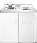 39 inch wide all-in-one kitchenette with 2-burner 115V smooth-top cooktop, refrigerator-freezer, sink, and storage cabinet