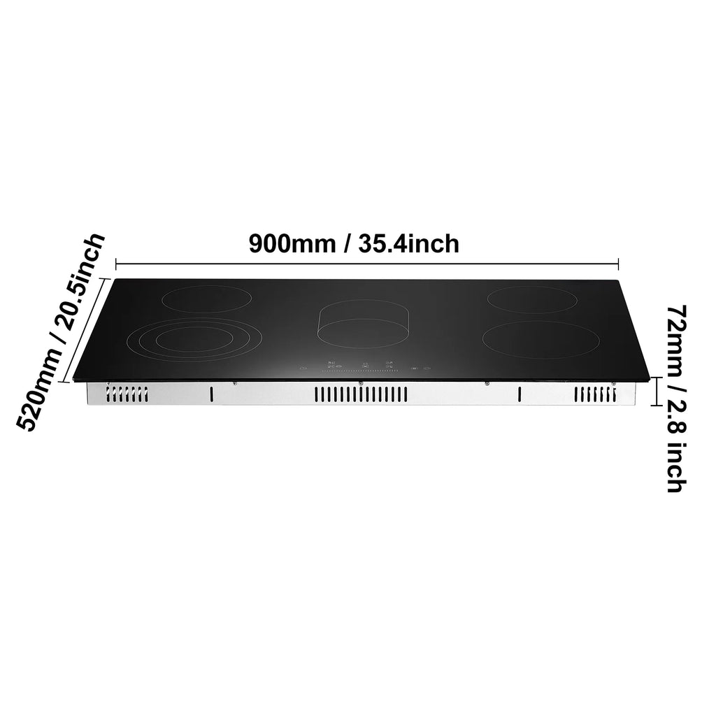 KFFKFF 5 Burner Electric Ceramic Cooktop, Built-in Countertop Burners, 36" Electric Range, 8600W, with Touch Control, Timer, Safety Lock, 9 Power Levels, 220-240V, Direct Wiring Required