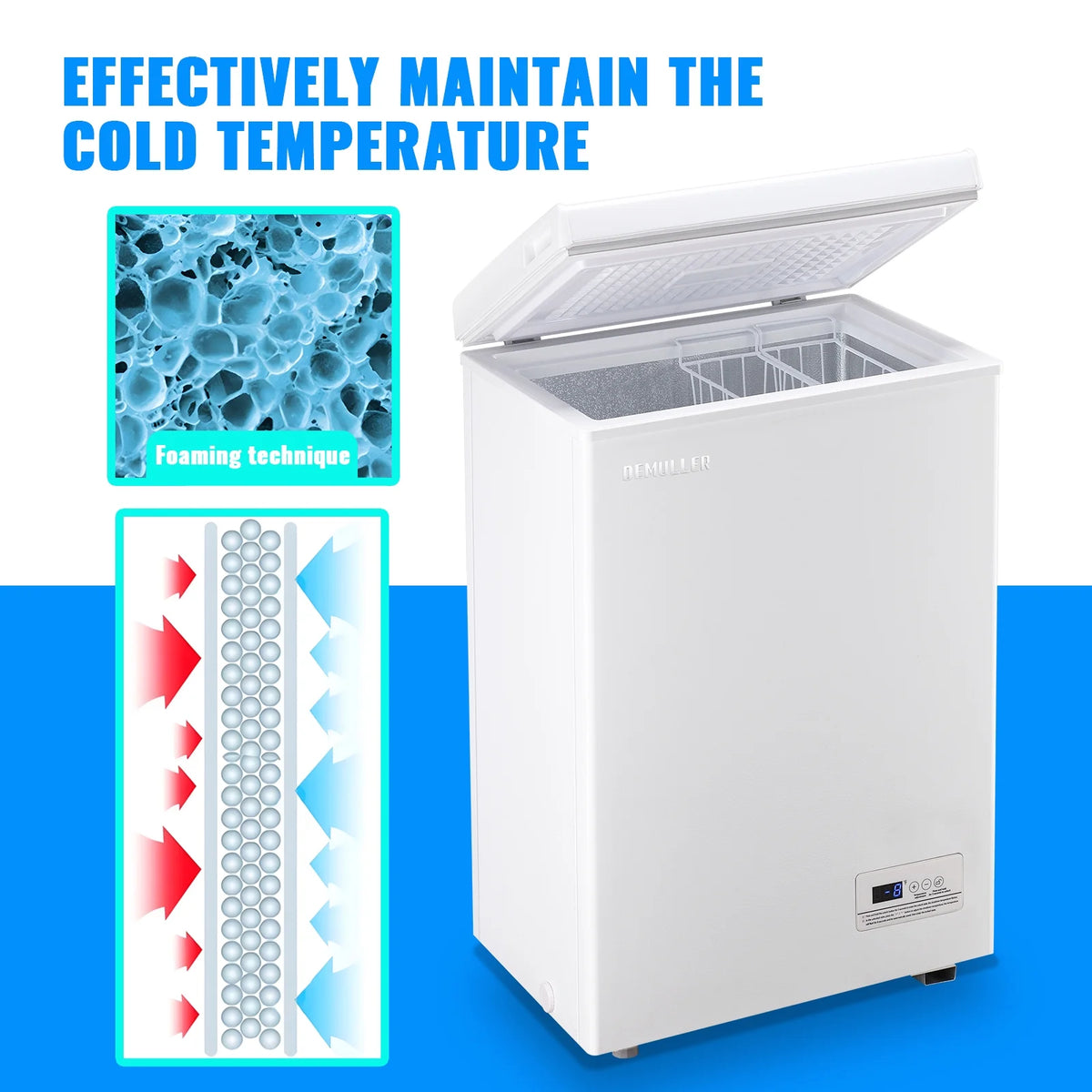 DEMULLER Deep Chest Freezer with 2 Removable Baskets Compact Mini Deep Freezers Stay-Open Lid White