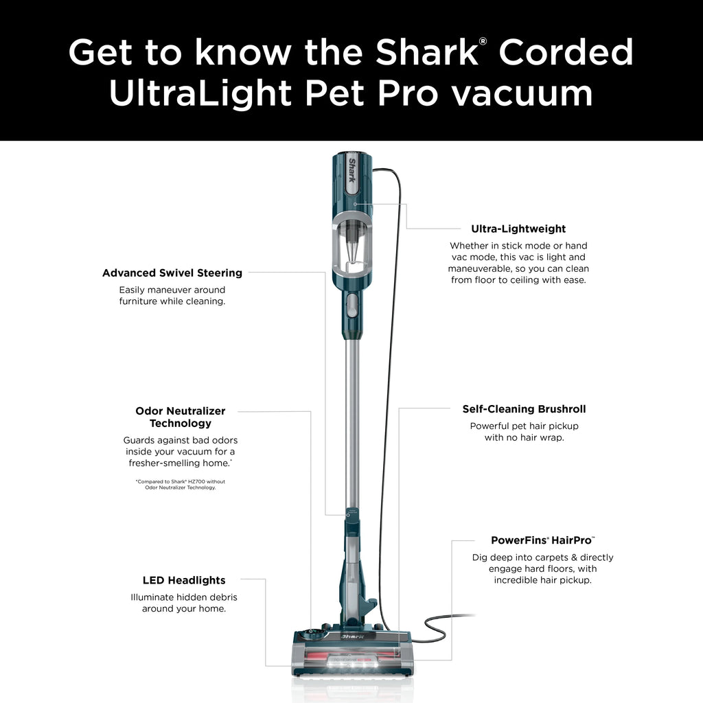 Restored Shark UltraLight Pet Pro Corded Stick Vacuum with PowerFins HairPro Odor Neutralizer Technology, Multisurface, HZ700 (Refurbished)