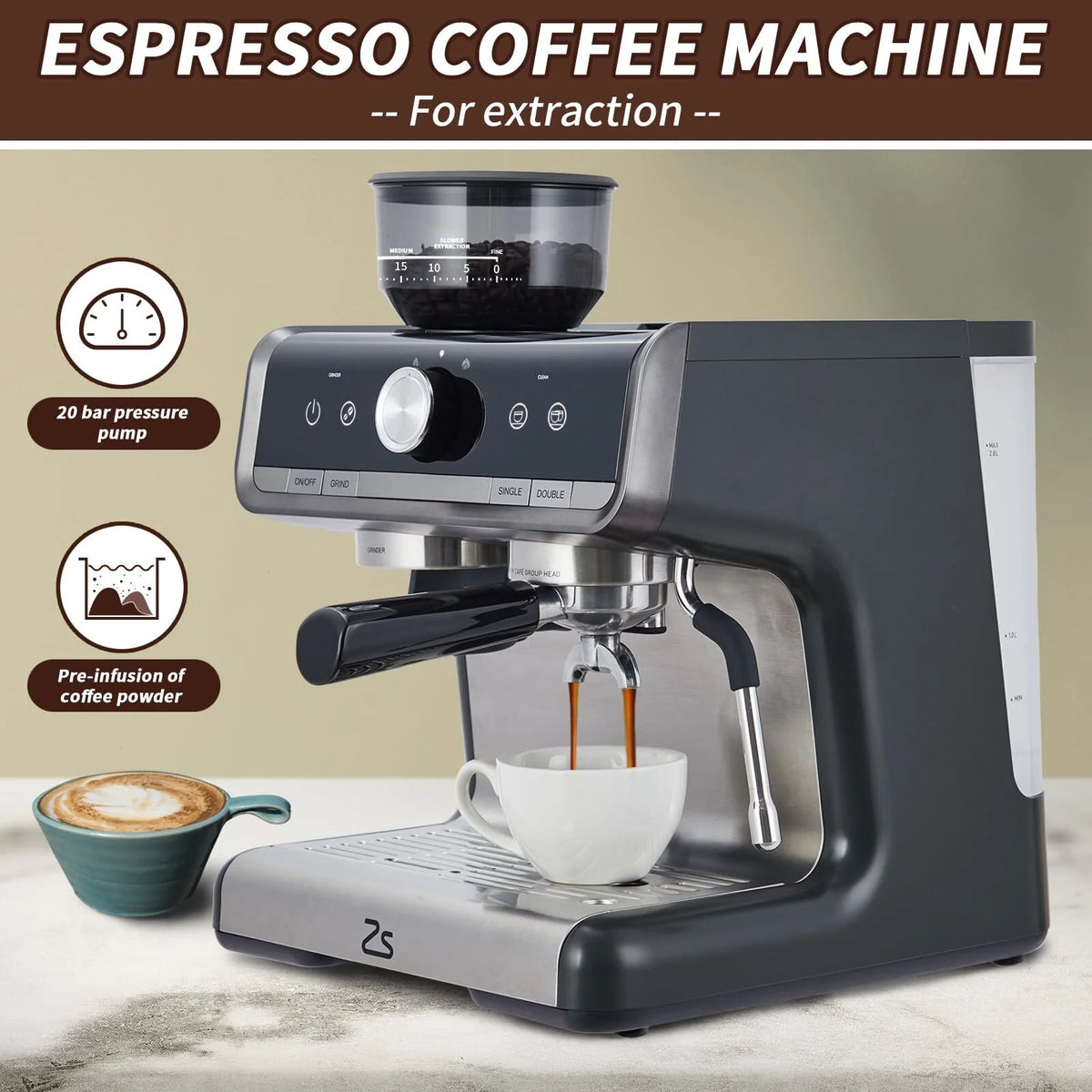 RIEDHOFF Semi-Automatic Espresso Machine with Grinder, Professional Espresso Maker with Milk Frother Steam Wand, 20 Bar Barista Cappuccino Machine