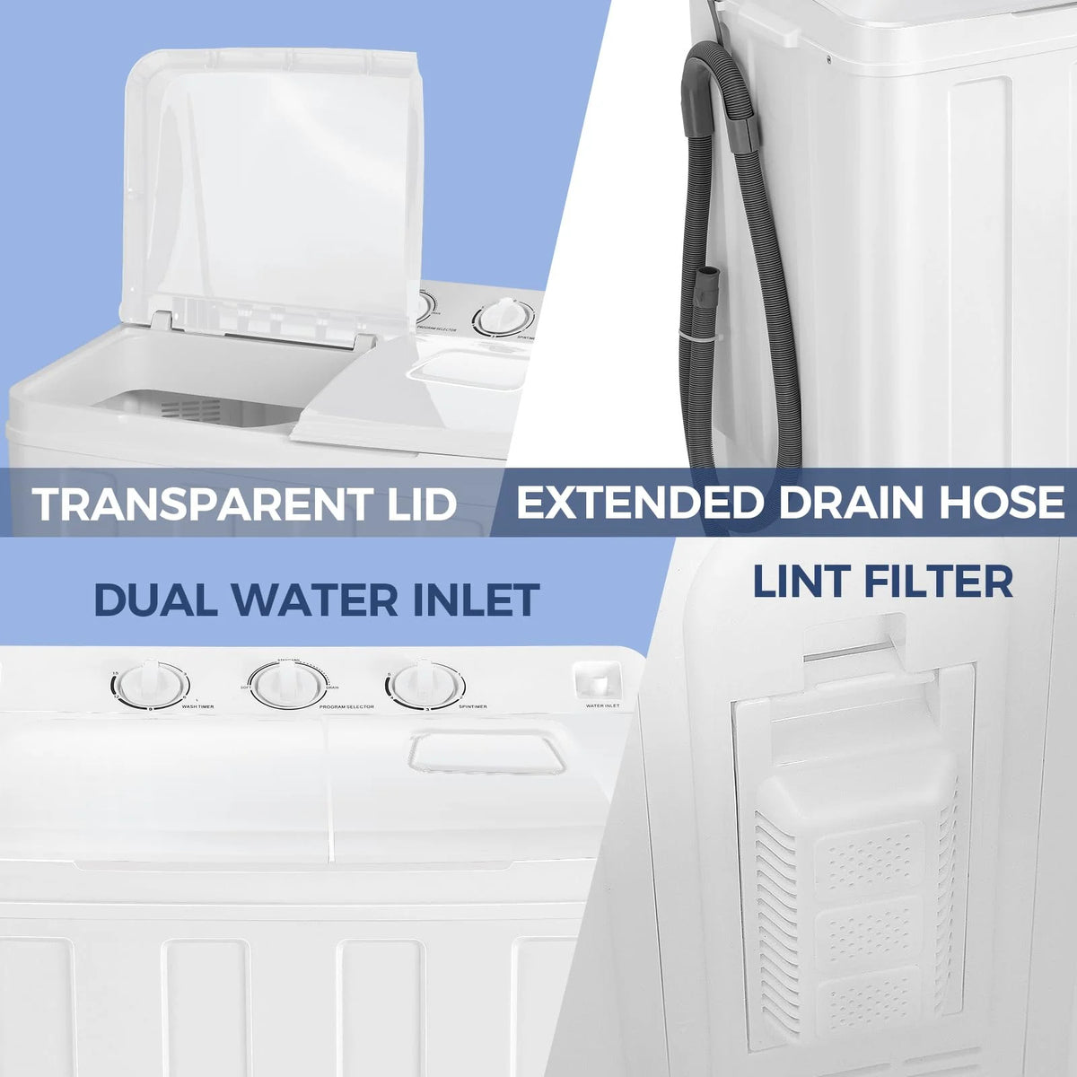 Qhomic Portable Washer 30lbs, 2-in-1 Twin Tub Washer & Dryer Combo Compact Semi-Automatic Washing Machine with Drain Pump, Black