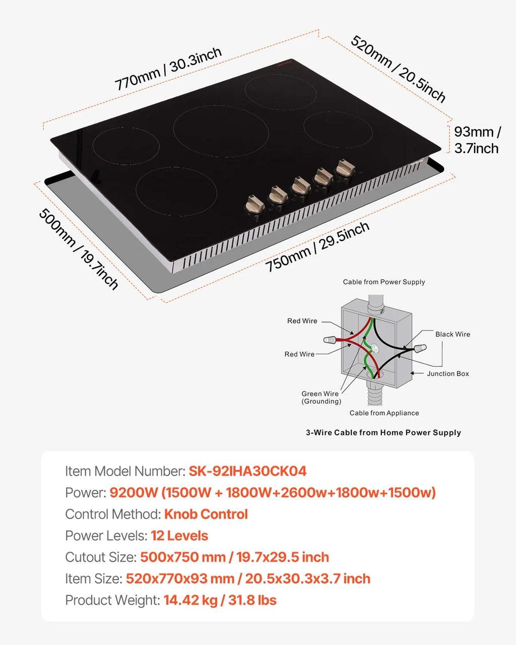 KFFKFF 30 Inch Induction Stove, 9200W Built-in Stove Top, 5 Burner Electric Cooktop with Knob Control Cooktop, 12 Power Levels Integrated Induction Stove with Glass Top, Automatic Power-Off