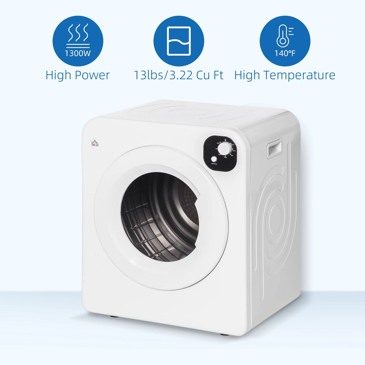 Homiyad Compact Laundry Dryer 1300W Portable Clothes Dryer with 3.2 cu.ft Stainless Steel Drum, Front Load Electric Dryer, White