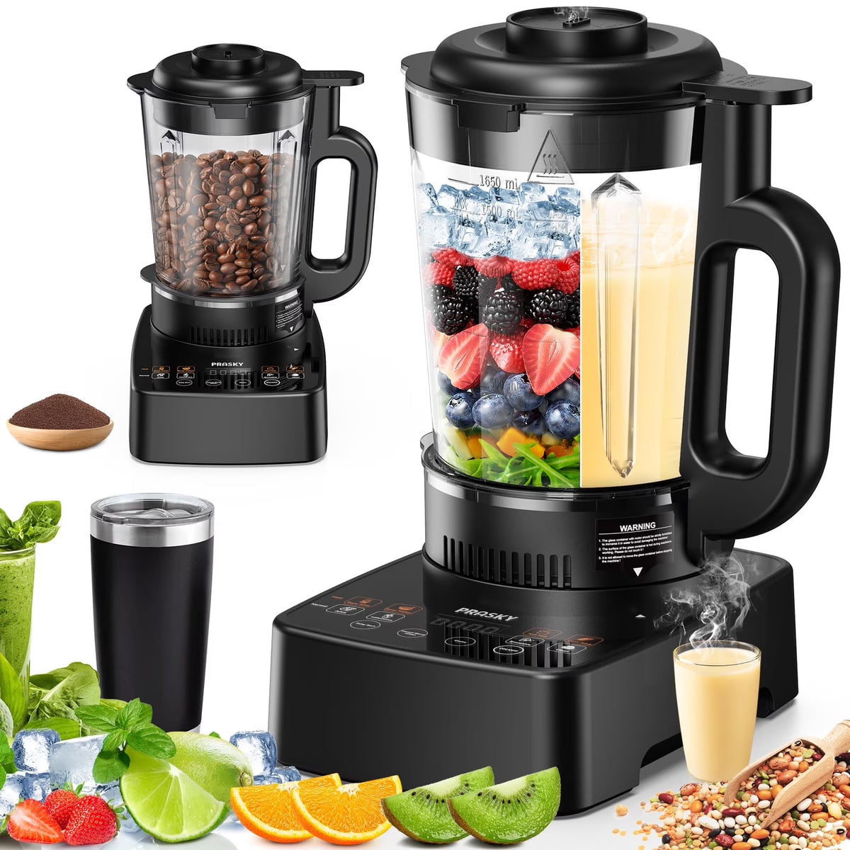 PRASKY Countertop Blender with Heating, 53oz Glass Jar, Nut Milk Maker, Homemade Soy, Soup, Ice, Multifunction Blender for Kitchen with Portable Metal Insulated Cup (Black)
