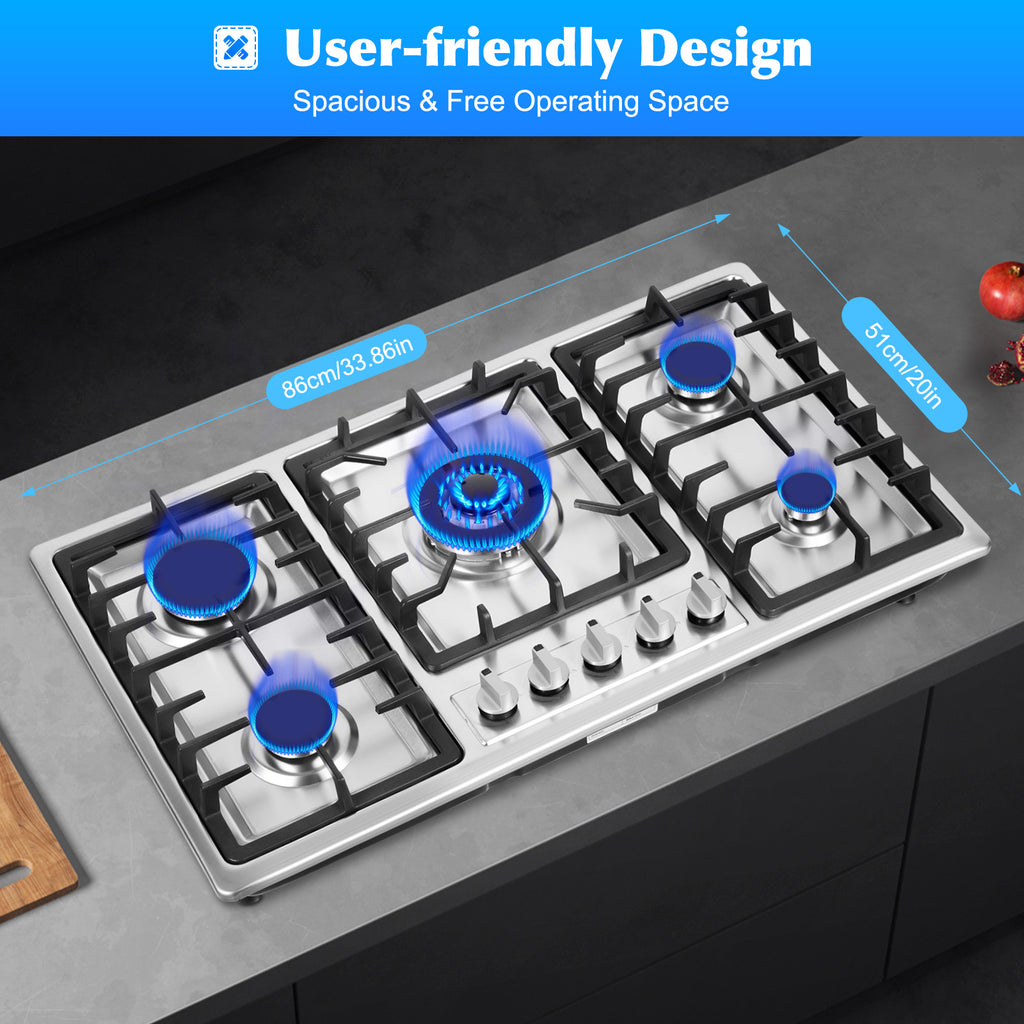 Stainless Steel 5-Burner Stove, Top Built-In Gas Propane Cooktop Stove for Restaurants