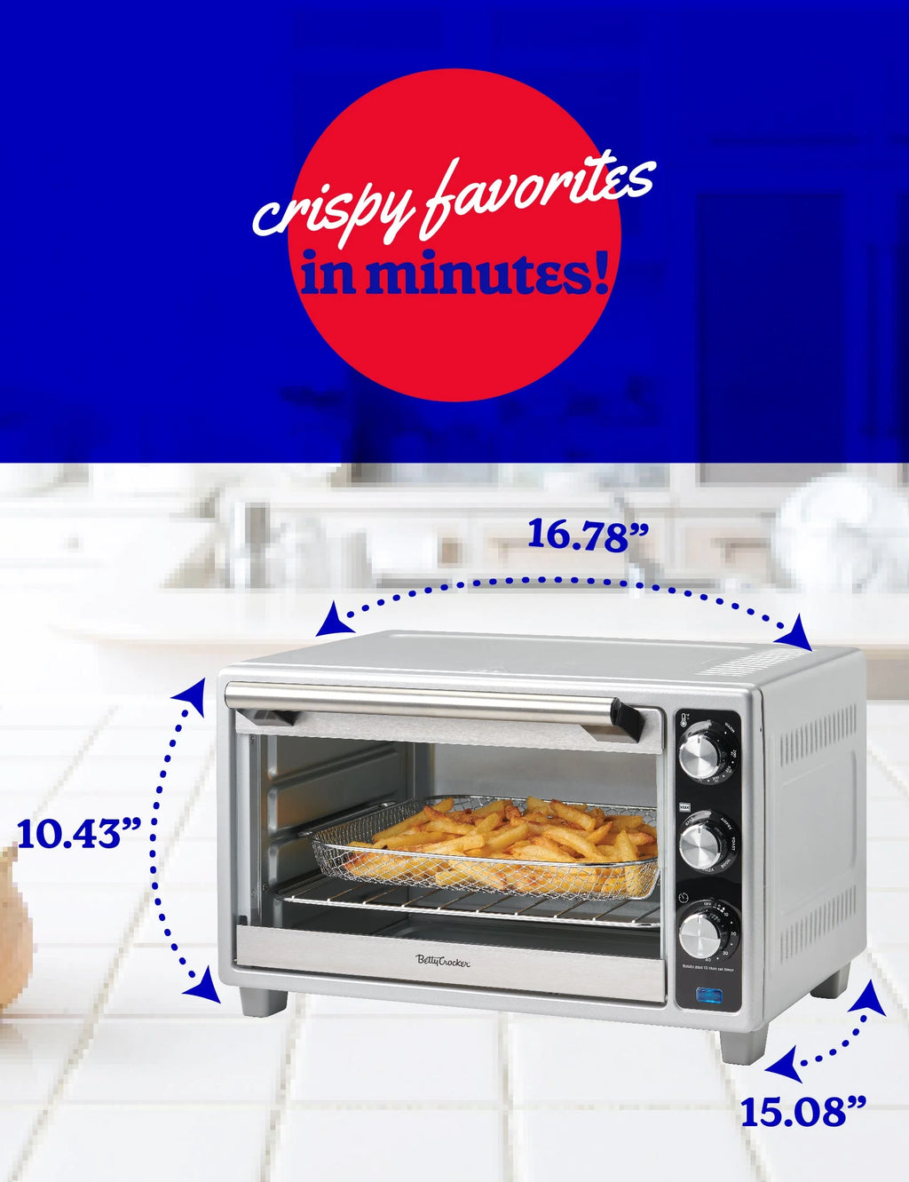 Betty Crocker Air Fryer Convection Toaster Oven, Multifunction 6-Slice Toaster and Air Fryer Oven, 0.8 Cu. Ft. 6 Slice Capacity AirFryer Toaster Oven Combo, 7 Function Convection Oven, Silver