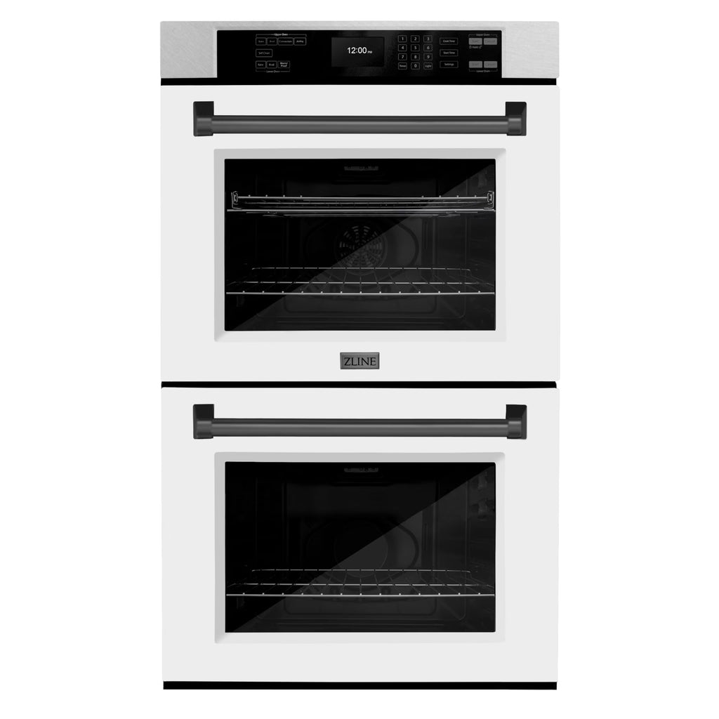 ZLINE 30 in. Autograph Edition Professional Convection Double Wall Oven with Air Fry and Self Clean in DuraSnow Stainless Steel with White Matte Doors and Matte Black Handles (WADSZ-WM-30-MB)