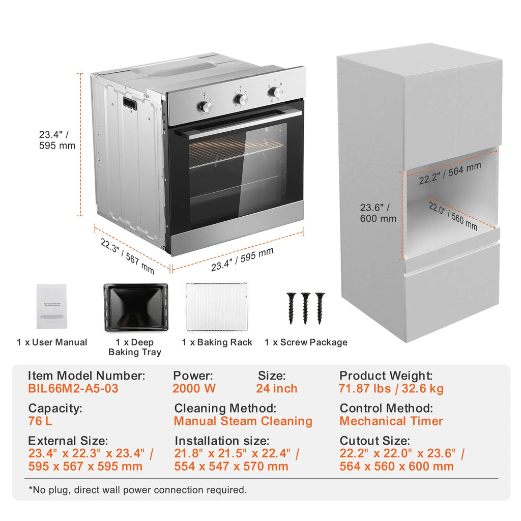 KFFKFF Single Wall Oven, 24" Electric Oven for Built-in Installation, Features 6 Cooking Modes, 2.68 Cu.Ft Capacity, Includes Timer, 2000W Power, Comes with Baking Rack and Tray, Ideal for Kitchen