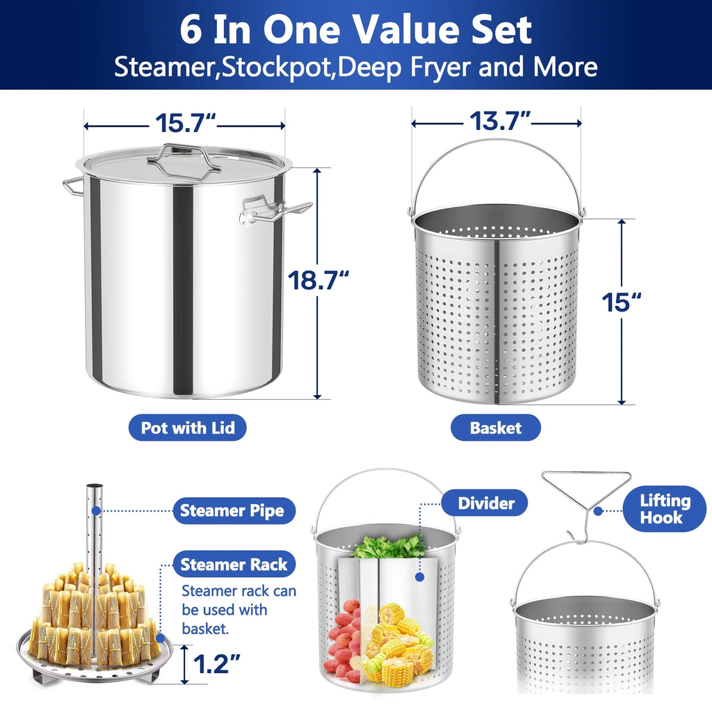 64QT Stainless Steel Seafood Boiling Kit, 200,000BTU Propane Burner And Crawfish Boil Pot w/Basket and Steamer Rack, For Outdoors Cooking and Steaming, Large Turkey Fryer Pot, Lobster Shrimp Pot