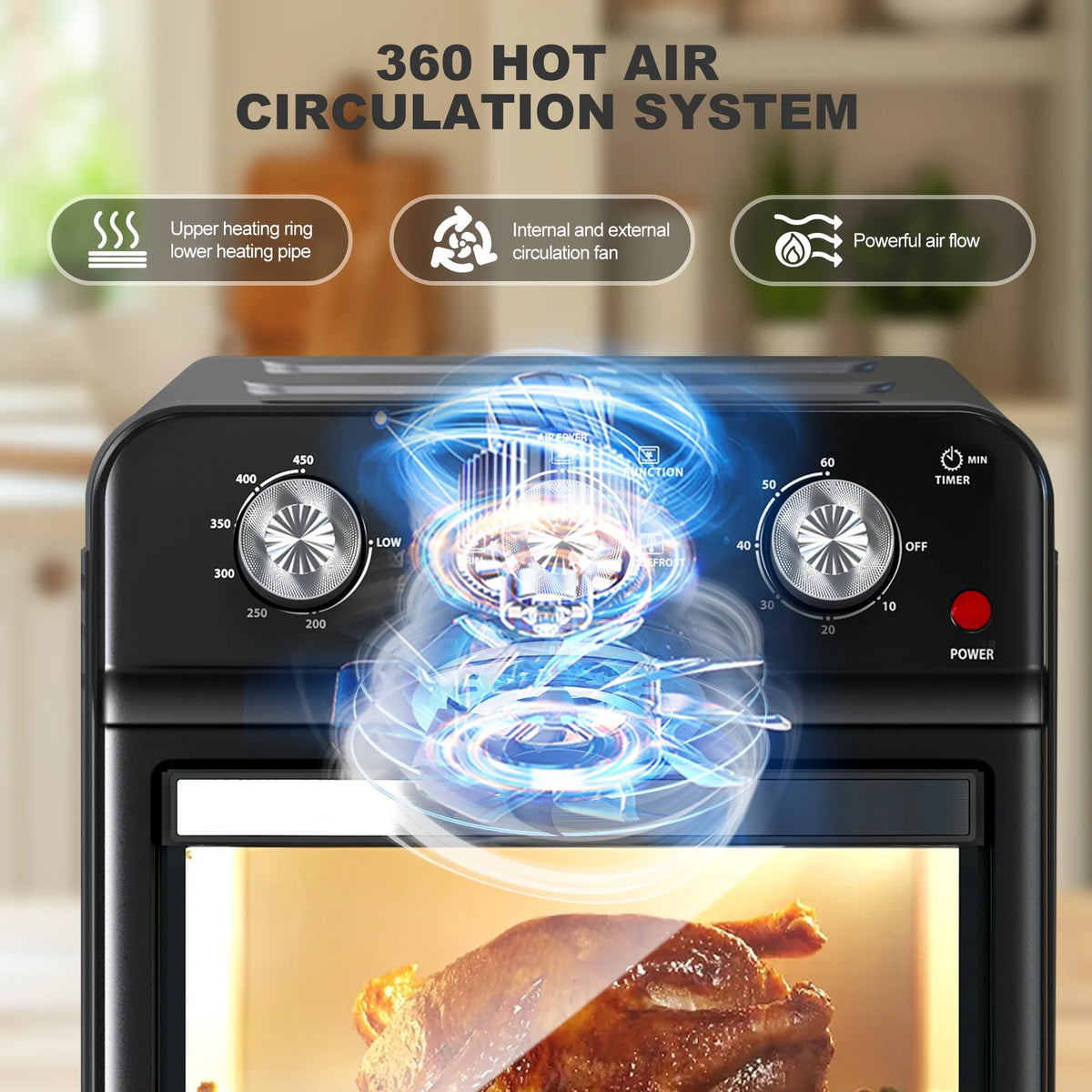 PlumChef 13 Quart 4 Slices Air Fryer Convection Toaster Oven, 1500W, 7 in 1 Multifunction with Roast, Bake, Grill, Broil, Toast, Dehydrate, Defrost, Stainless Steel