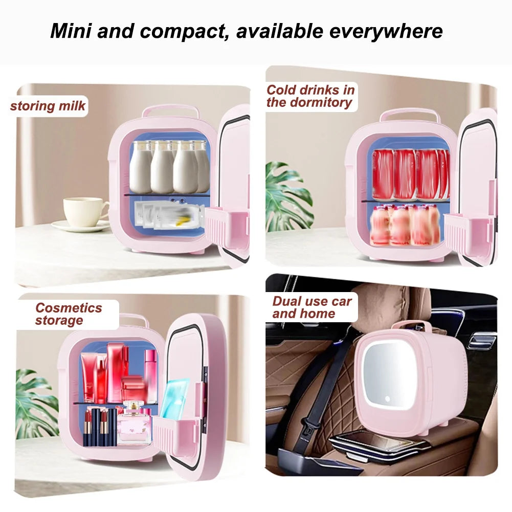 6L Beauty Mini Fridge Skincare Refrigerator with Touch Screen Led Makeup Mirror for Car Skincare Cosmetics Blue