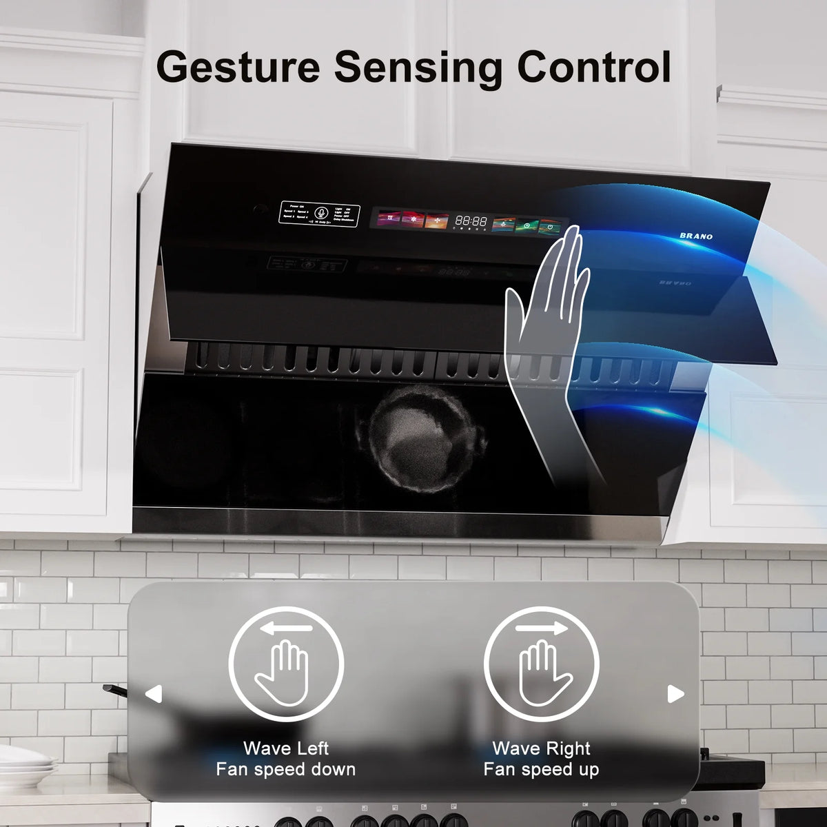 BRANO 30 inch Range Hood Stainless Steel Kitchen Hood, 900CFM, Voice/Gesture Sensing, Touch Control, Side-Draft Design
