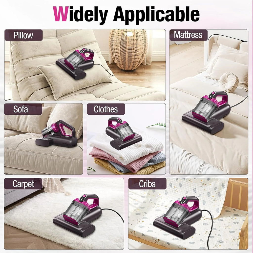 Mattress Vacuum Cleaner, 17Kpa 650W Bed Vacuum with 273nm -C Light & 145 �� F Heating, 80000 RPM Brushroll for Pillows, Cribs, Sofa - Black Corded