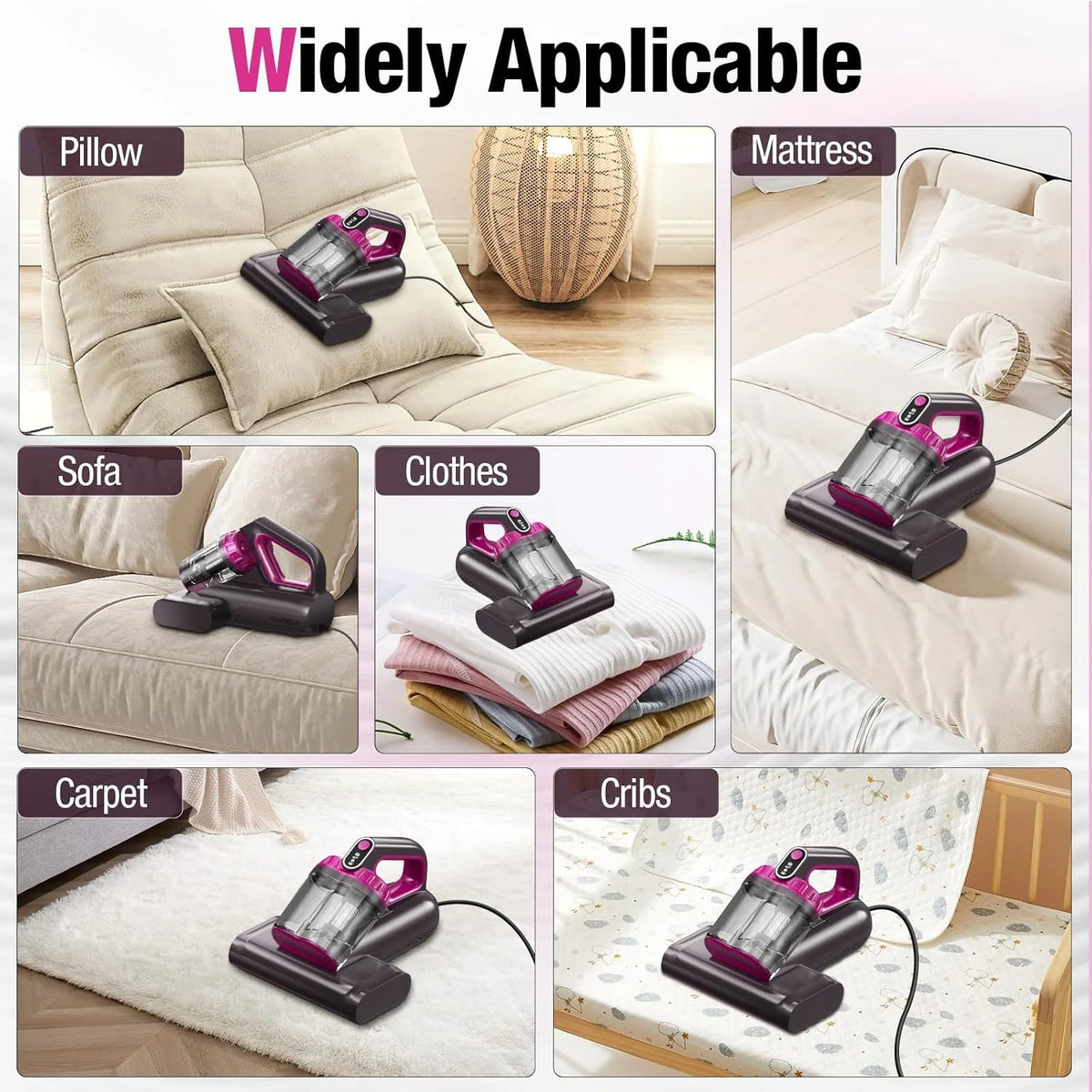 Mattress Vacuum Cleaner, 17Kpa 650W Bed Vacuum with 273nm -C Light & 145 �� F Heating, 80000 RPM Brushroll for Pillows, Cribs, Sofa - Black Corded