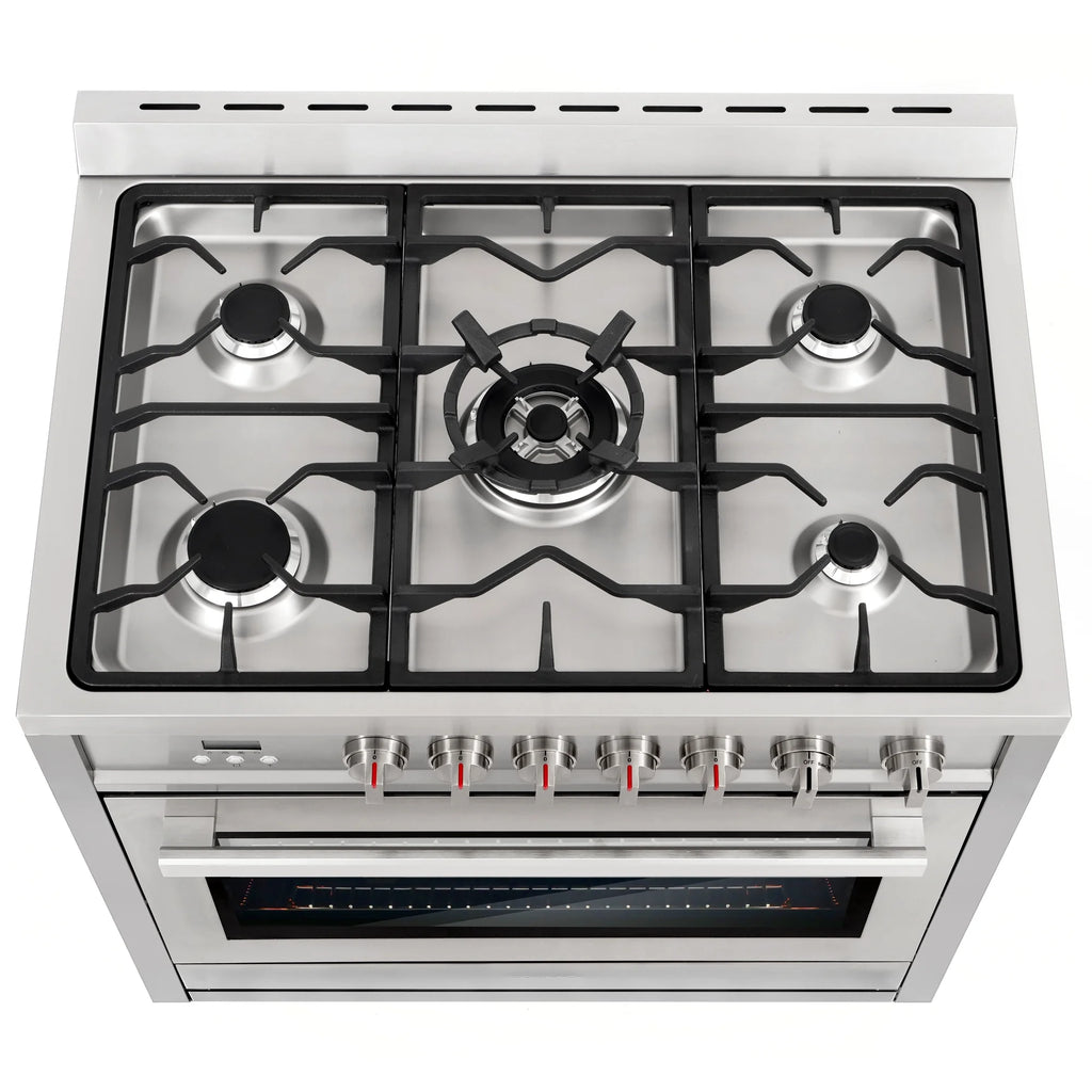 Cosmo 4 Piece Kitchen Appliance Packages with 36" Freestanding 220/240V Dual Fuel Range 36" Under Cabinet Mount Range Hood 24" Built-in Dishwasher & French Door Refrigerator Kitchen Appliance Bundles