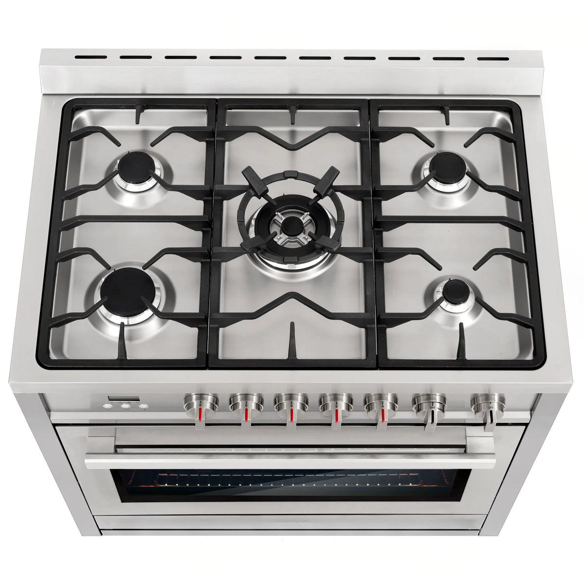 Cosmo 4 Piece Kitchen Appliance Packages with 36" Freestanding 220/240V Dual Fuel Range 36" Under Cabinet Mount Range Hood 24" Built-in Dishwasher & French Door Refrigerator Kitchen Appliance Bundles