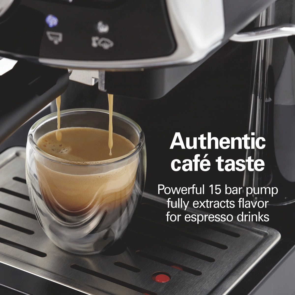 Hamilton Beach 15-Bar, 2 Cup Espresso Machine, Slide & Lock Espresso Maker with Milk Frother, Black & Chrome
