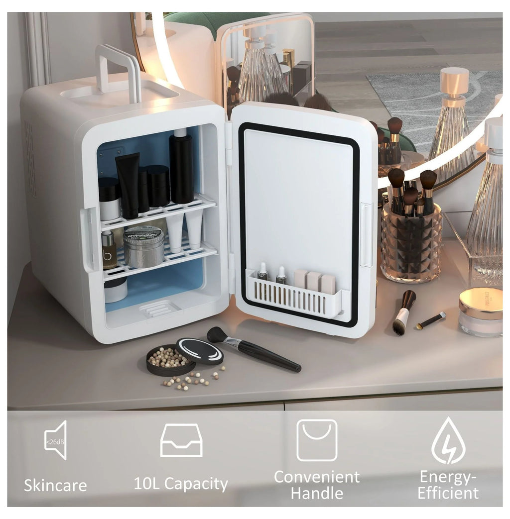 Skincare Fridge with Mirror - 10L Mini Beauty Refrigerator - Cooler & Warmer - LED Lighted - for Bedroom, Car, Skincare & Beverages - AC/DC Powered