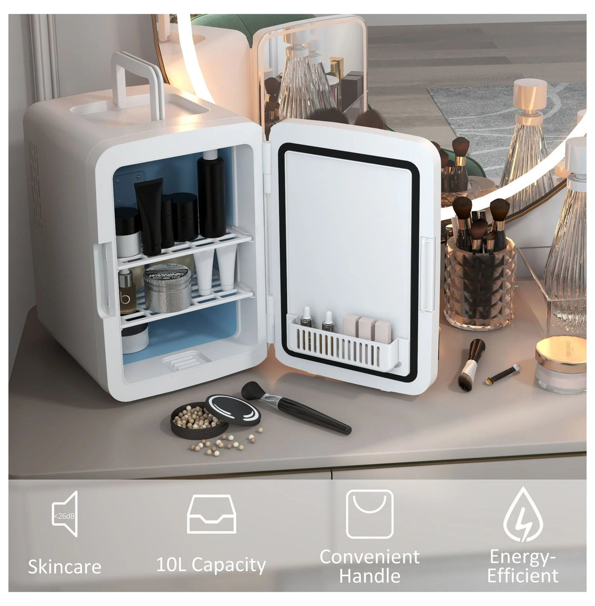 Skincare Fridge with Mirror - 10L Mini Beauty Refrigerator - Cooler & Warmer - LED Lighted - for Bedroom, Car, Skincare & Beverages - AC/DC Powered