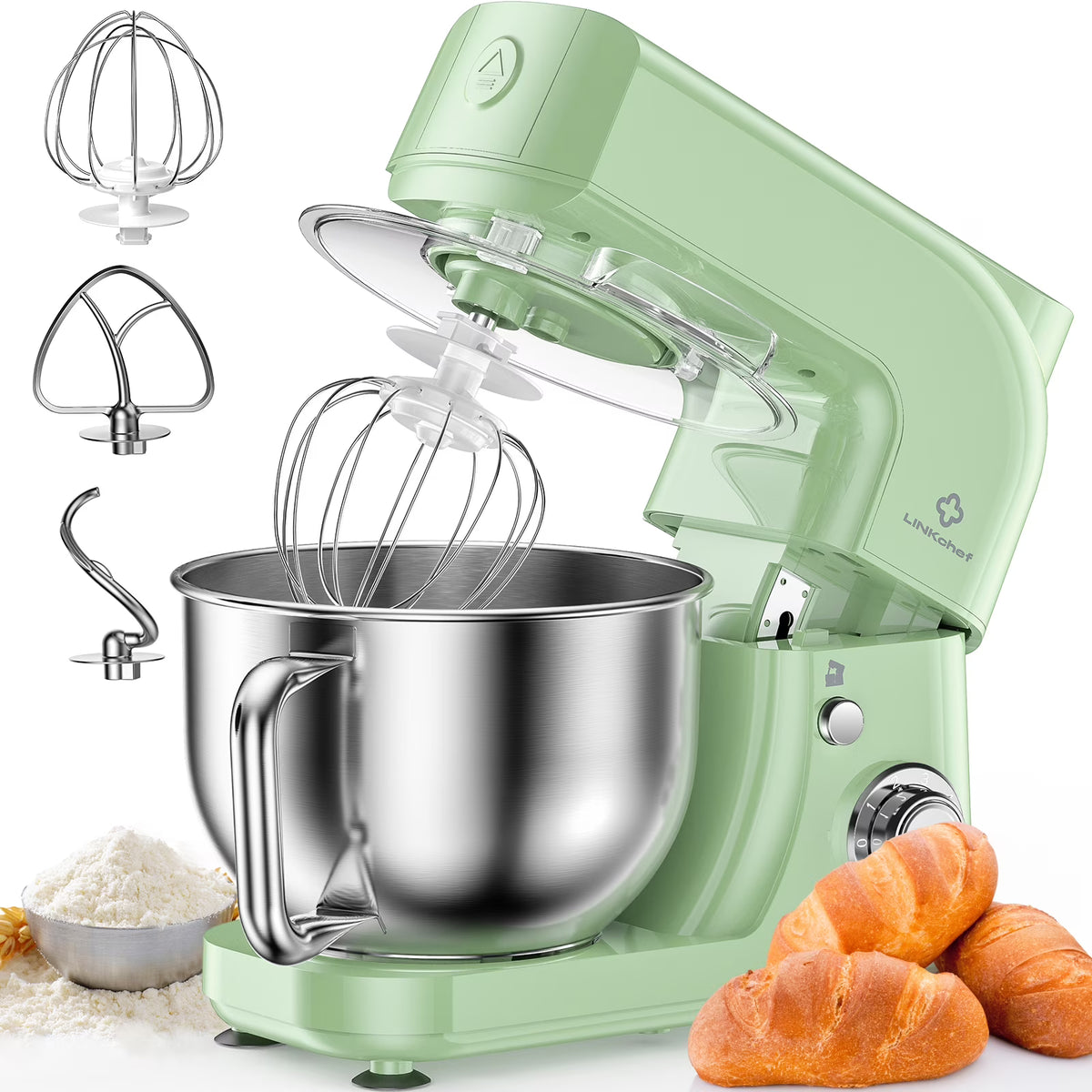 LINKChef Stand Mixer, 5.3QT 800W 6+P Speeds with Whisk, Dough Hook and Beater (White)