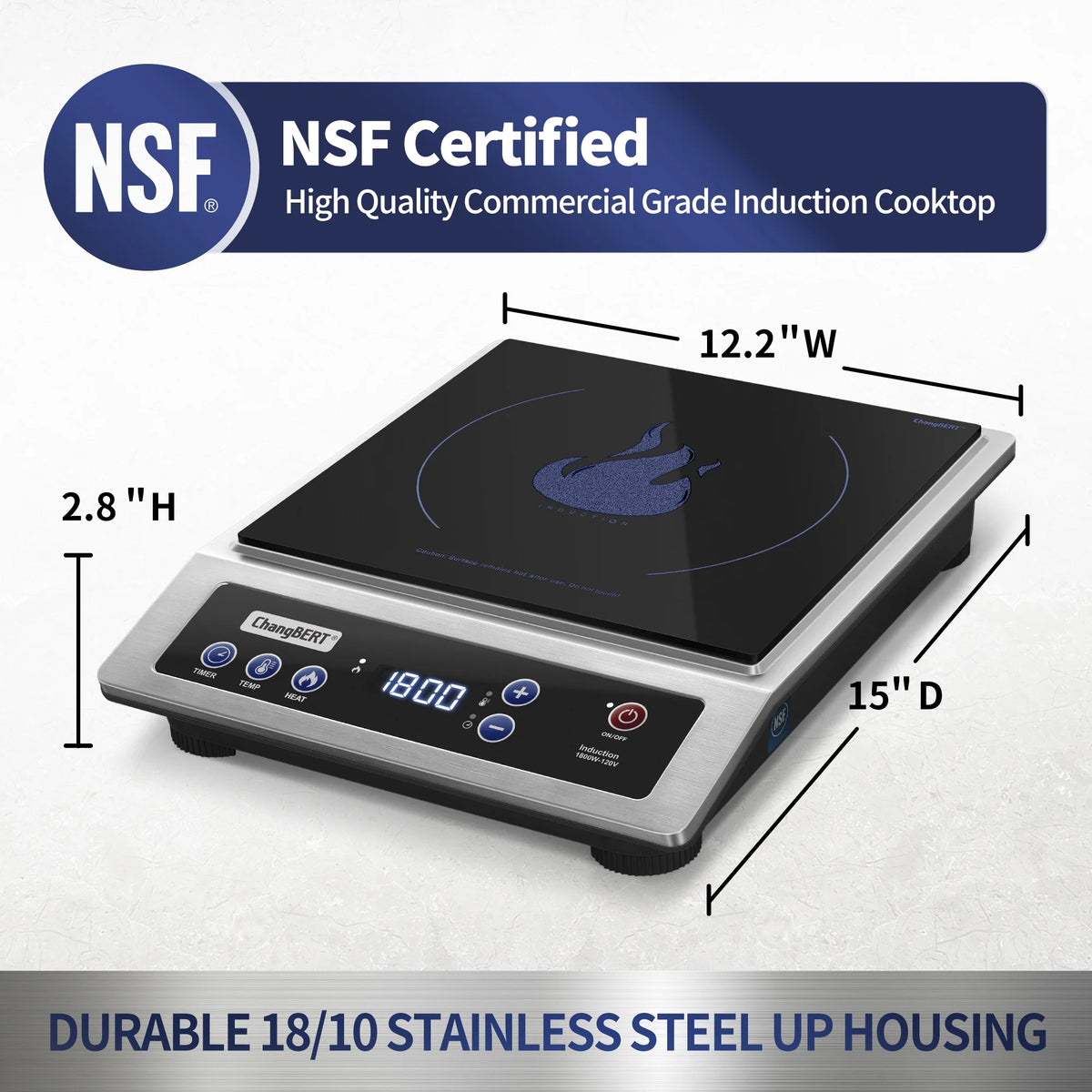 ChangBERT Induction Cooktop, Commercial Grade Portable Cooker, Large 8" Heating Coil, Premium Stainless Steel Countertop Burner 1800W, 10 Hours Timer
