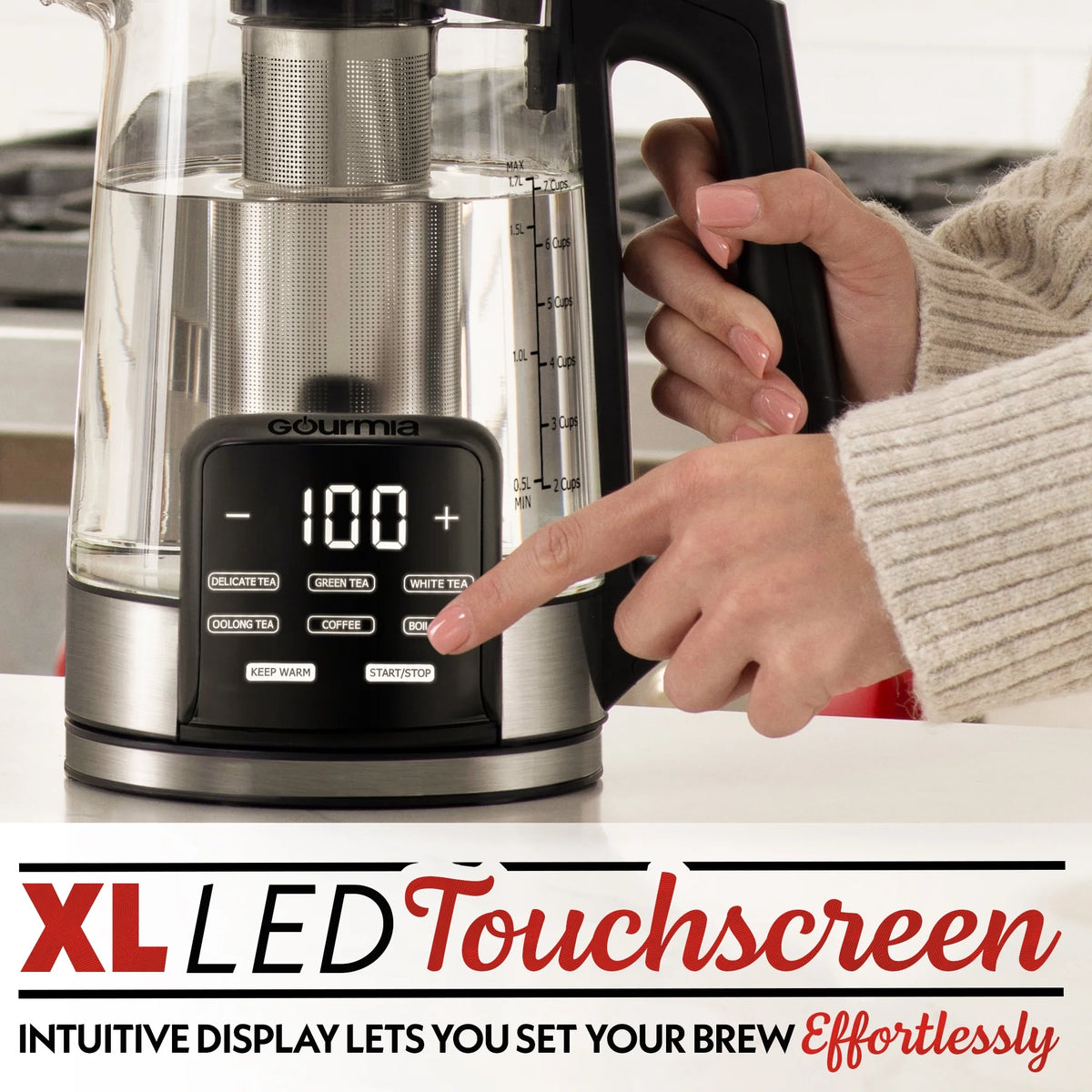 Gourmia 1.7L Programable Glass Kettle with Touch Display, Infuser, Black