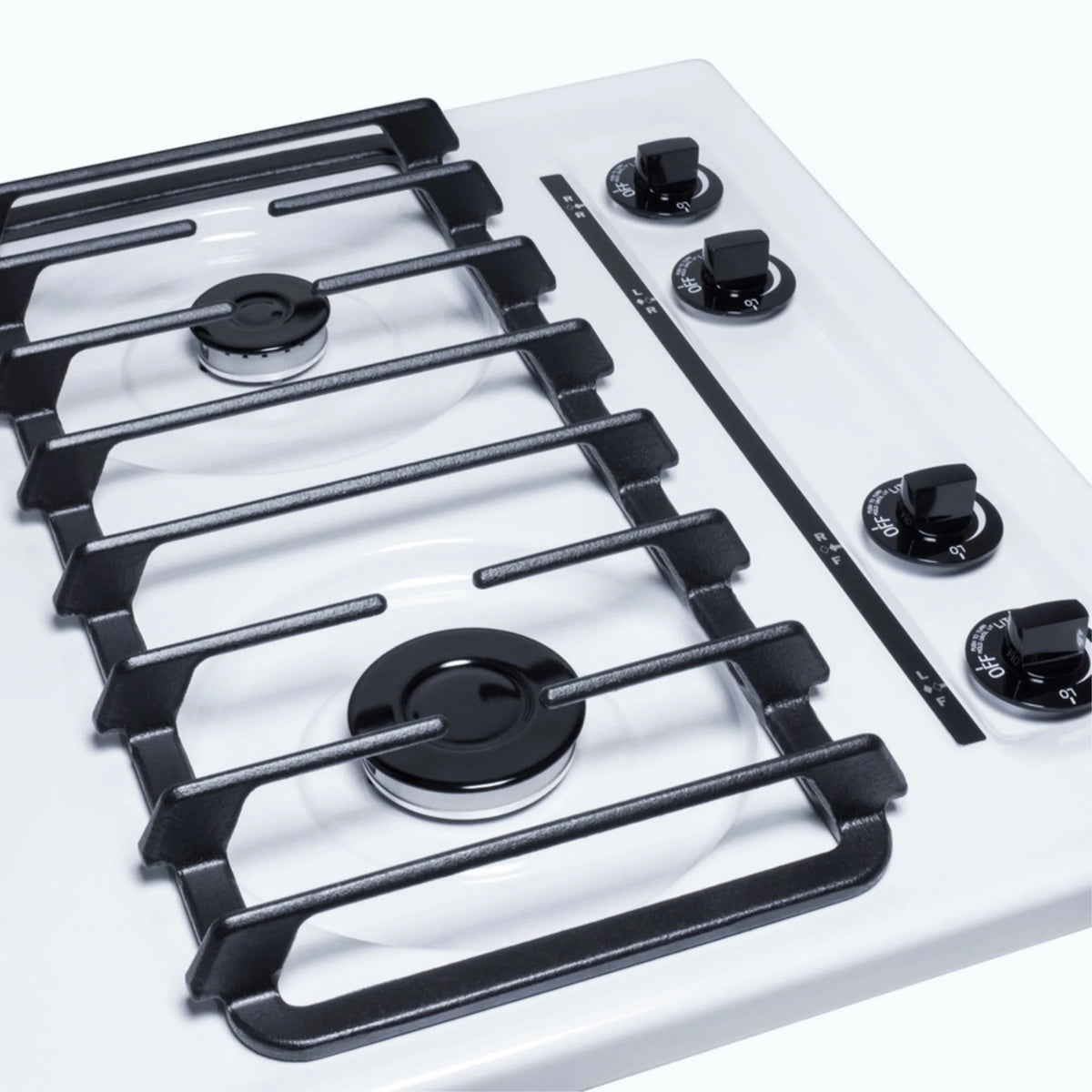 24" wide gas cooktop with four sealed burners, white porcelain surface, and cast iron grates; made in the USA