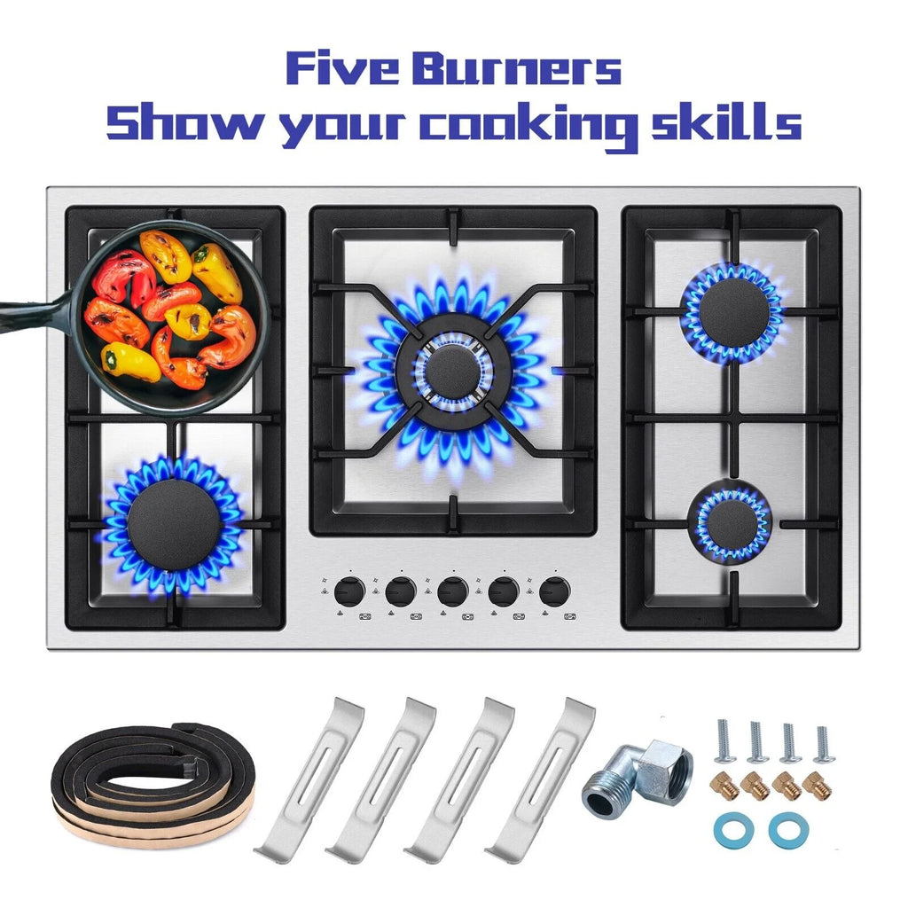 Amzgachfktch 36 Inch Gas Cooktop 5 Burner Built in Stainless with Thermocouple Protection, LPG/Natural Gas Convertible