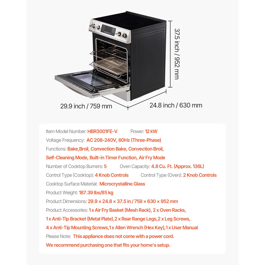 KFFKFF 30-Inch Electric Range Oven, 4.8 Cu. Ft. Freestanding Stainless Steel Stove, Features 5 Burners, Timer, Self-Cleaning, Air Fry Function, Adjustable Racks, and Storage Drawer, Silver