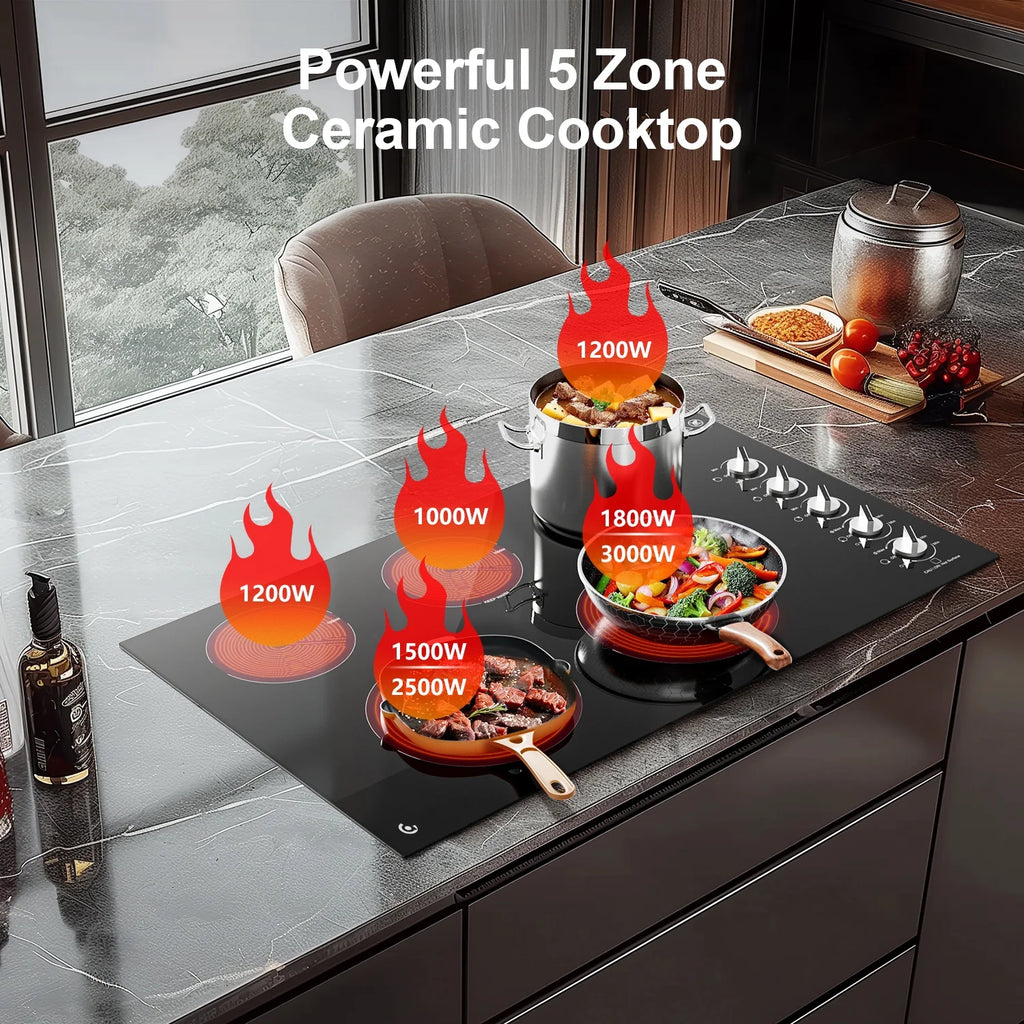 5 Burner Electric Stove, Sunmaki 36 inch Built-in Electric Cooktop 8900W Power Control by Knob for Home/Restaurant, 220V-240V