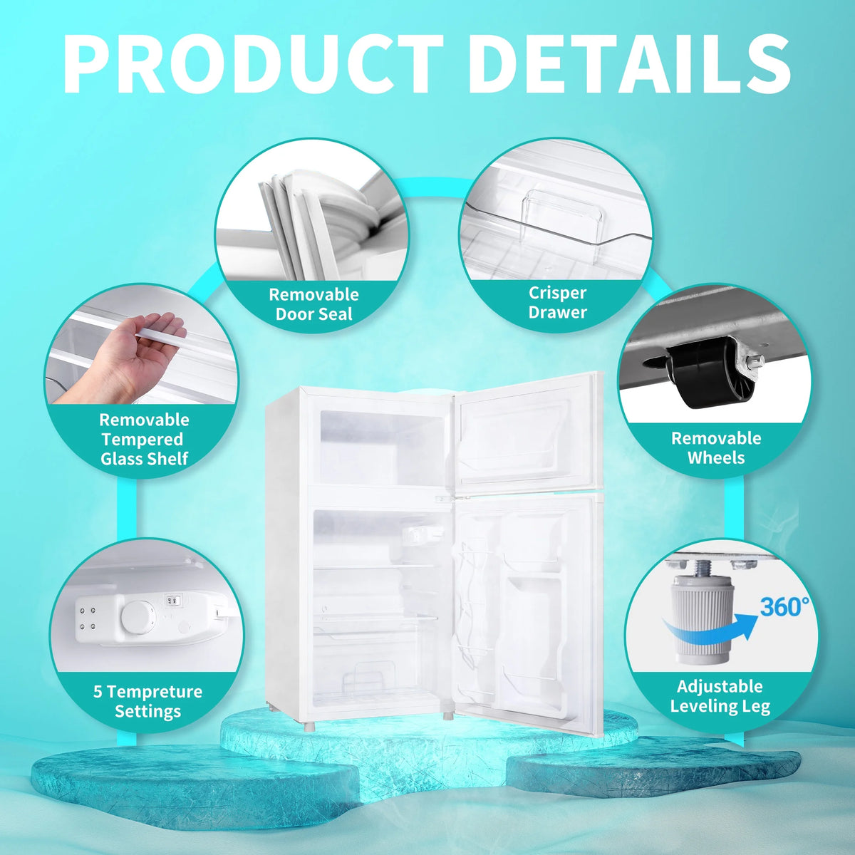 CALLIEVER Compact Mini Fridge with Freezer, 3.5 Cu.Ft 2-Door Refrigerator �C Ideal for Dorm, Office, Bedroom �C 7 Temp Settings, Adjustable Shelves,Silver