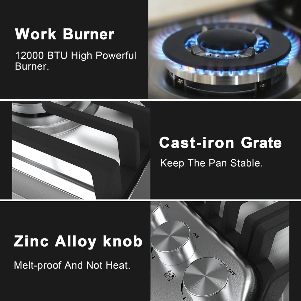 Gas Cooktop 23 inch, Adorer Bulit-in Gas Stove Top with 4 Burner, 23 Inch NG/LPG Convertible Cooktops, Four Burner Propane Cooktop with Thermocouple Protection, Stainless Steel